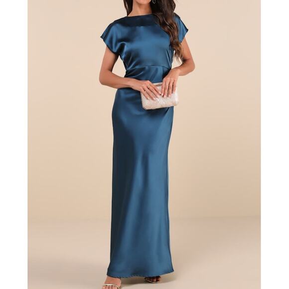 Lulus NWT Captivating Presence Dark Teal Satin Cowl Back Maxi Dress Medium - Picture 2 of 10